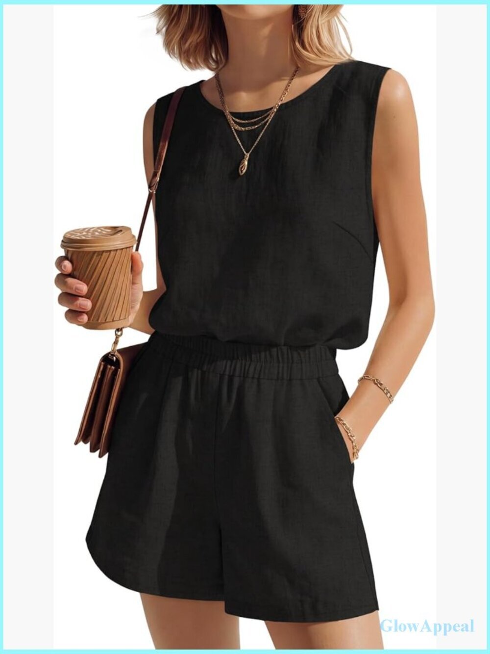 Linen Tank Top and Shorts Set with Pockets Sleeveless Summer Outfit 2 Piece
